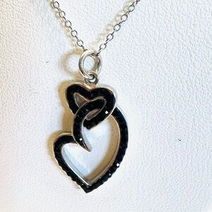 sterling silver double open hearts necklace adorned with black stones 18”